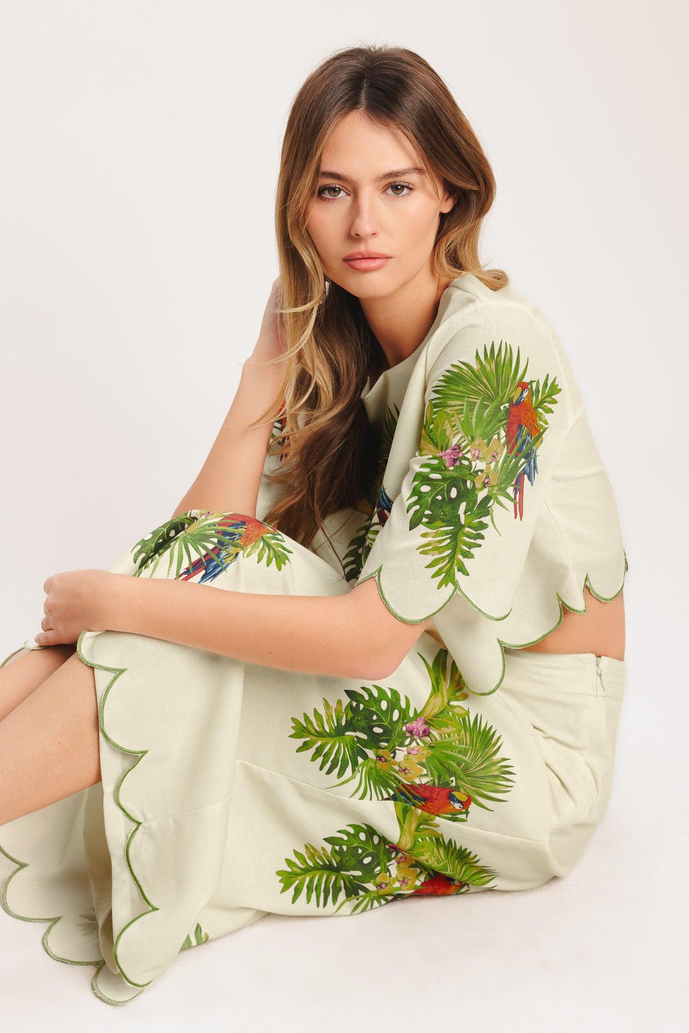 Tropical Print Scalloped Woven Midi Skirt in Cream