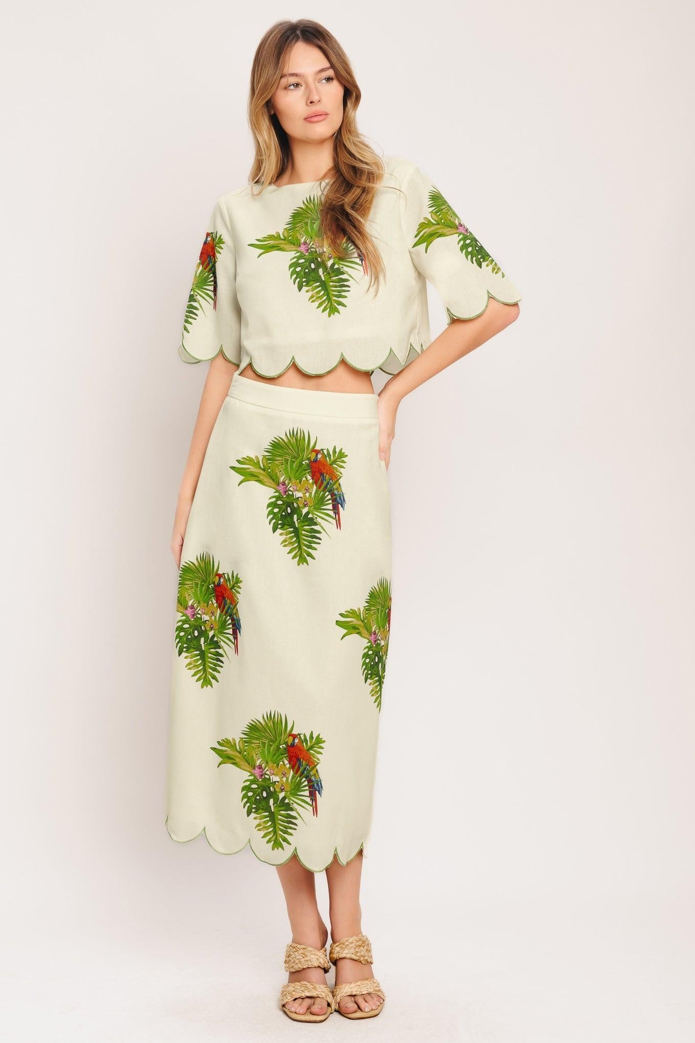Tropical Print Scalloped Woven Midi Skirt in Cream