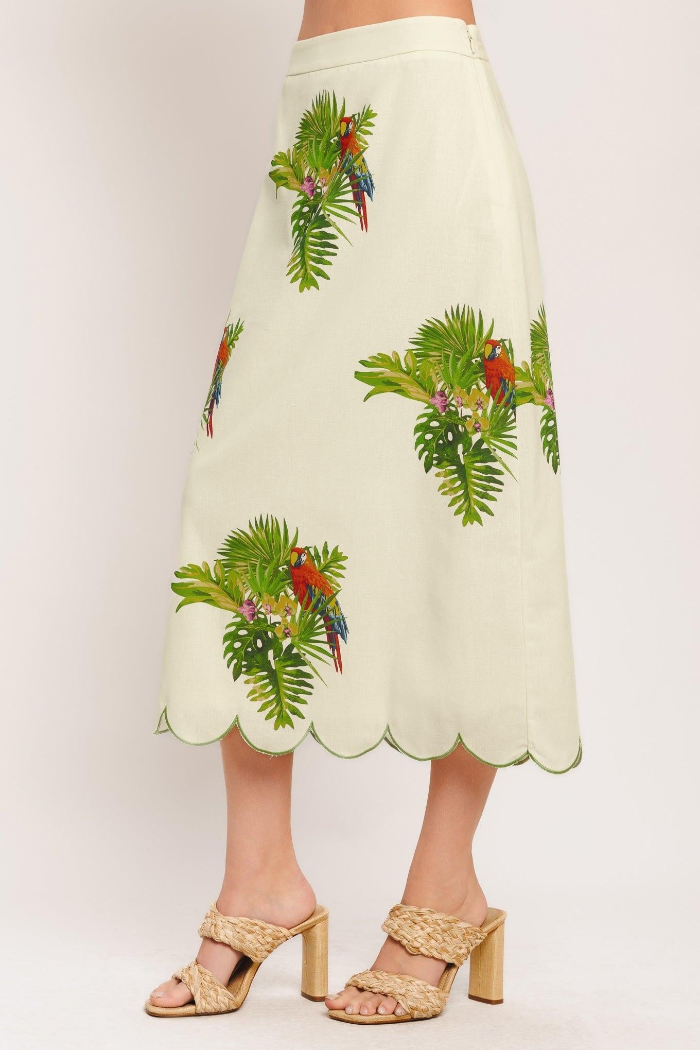 Tropical Print Scalloped Woven Midi Skirt in Cream