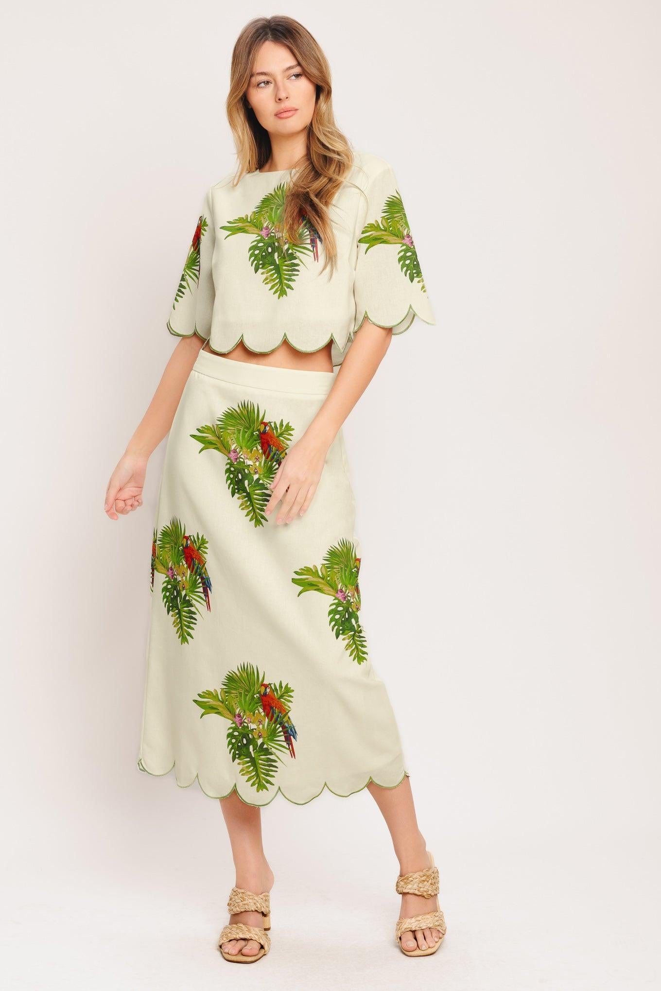 Tropical Print Scalloped Woven Midi Skirt in Cream