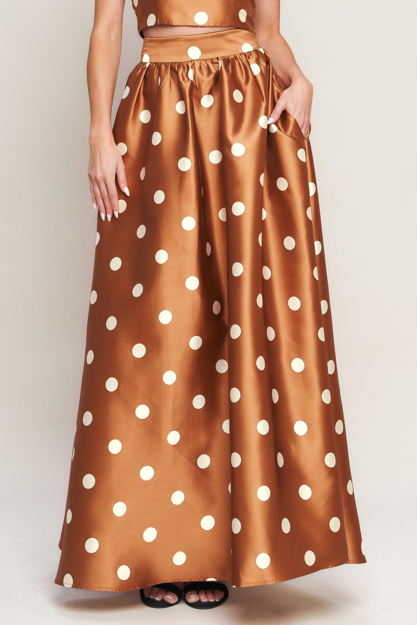Polka Dot Woven Full Maxi Skirt in Brown - Image 3