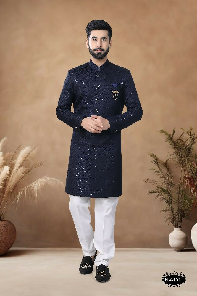 Men's blue silk Indo-Western kurta set with elegant thread and sequence embroidery
