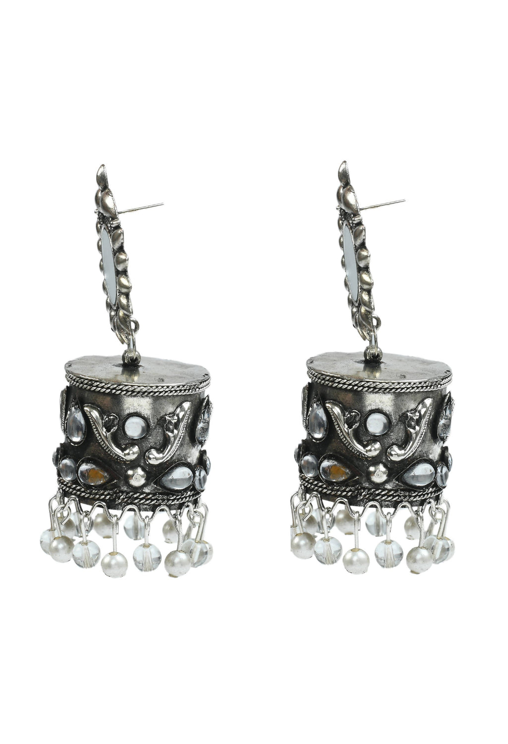 Johar Kamal Silver Oxidised Jhumka Earrings with Kundan Accents