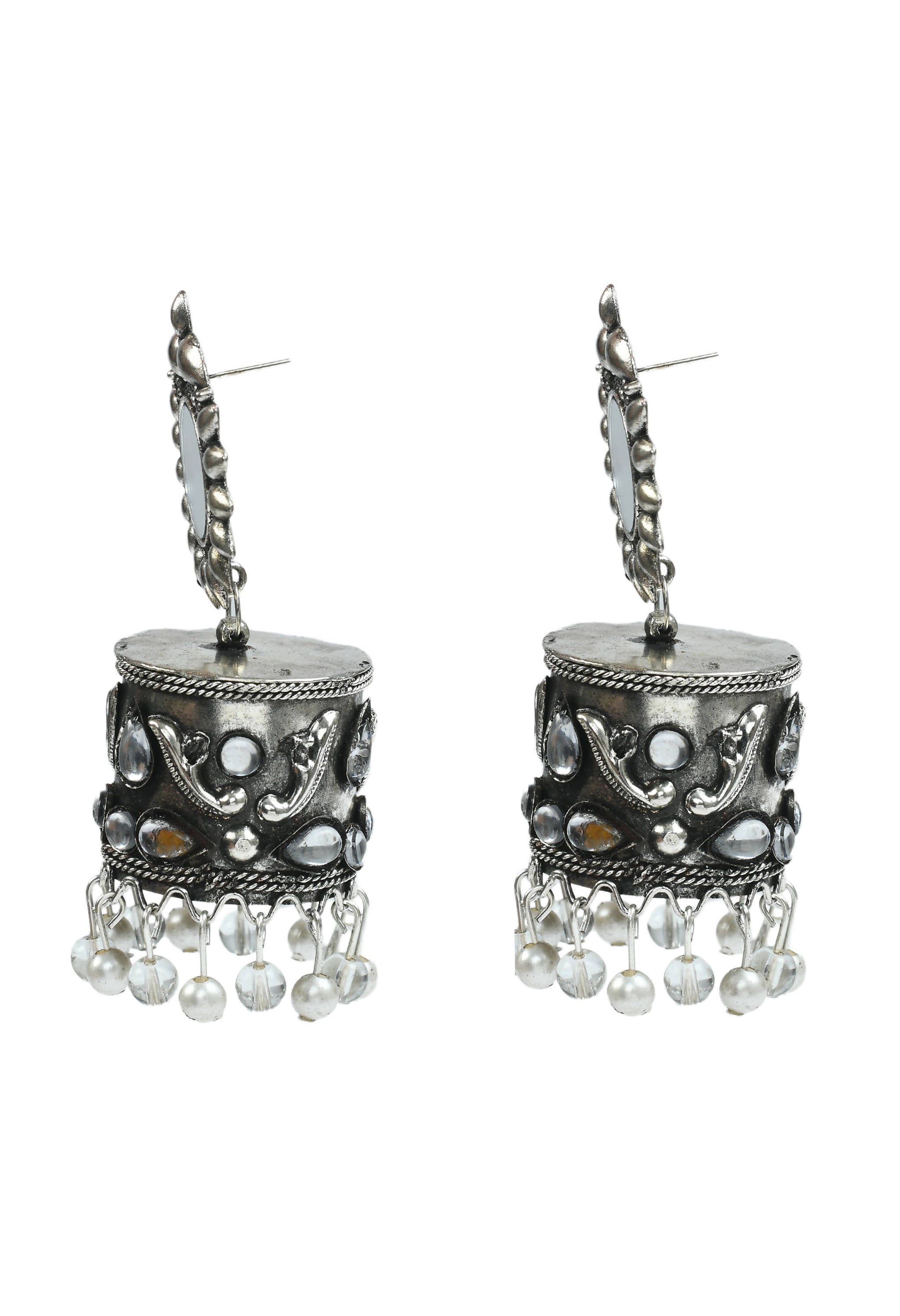 Johar Kamal Silver Oxidised Jhumka Earrings with Kundan Accents