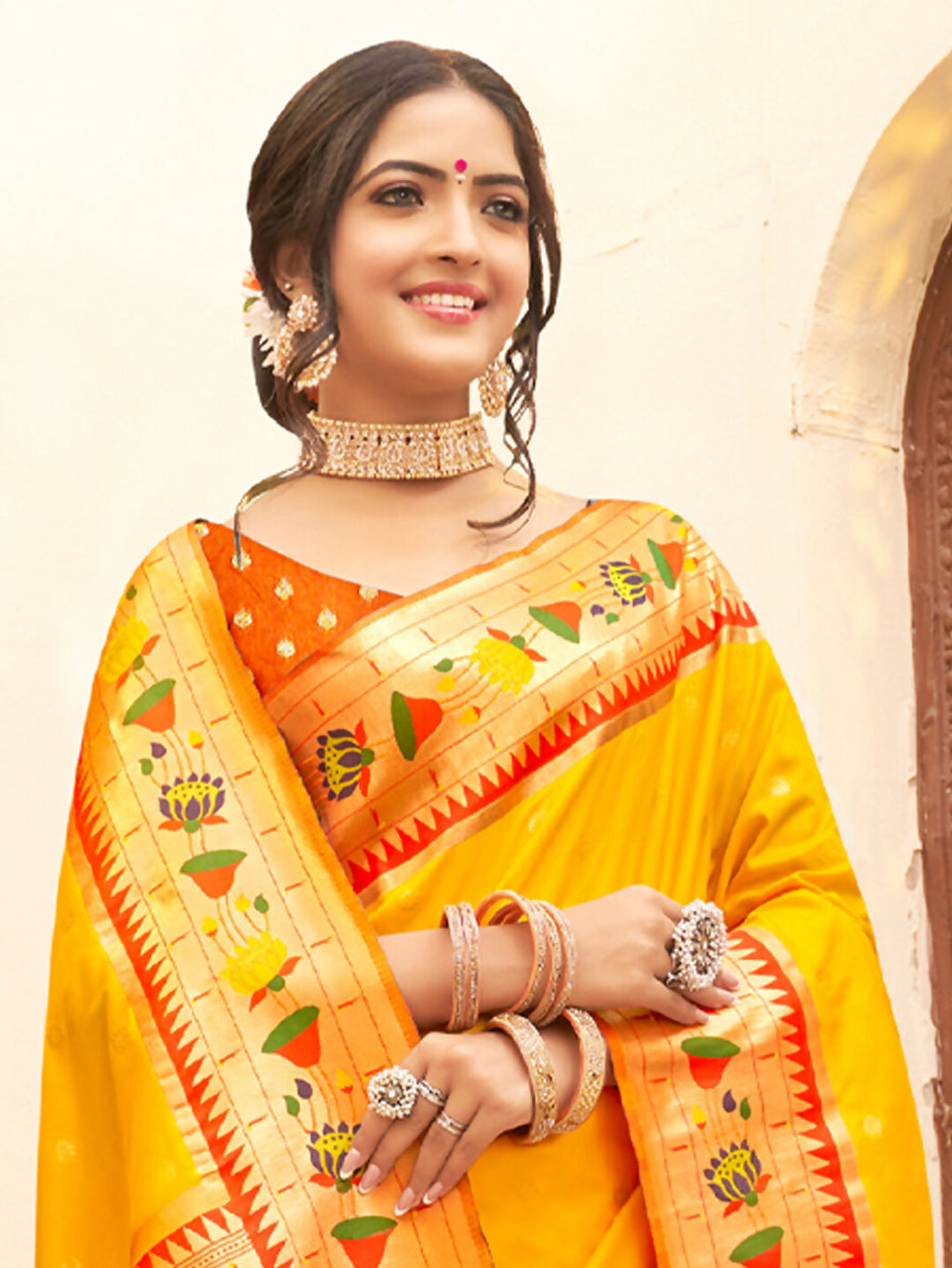 Yellow Silk Blend Saree with Contrast Orange Blouse