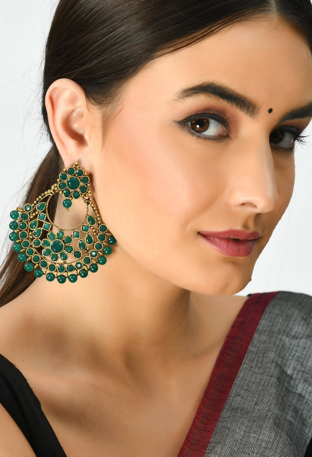 Golden and Green Beaded Earrings for Festive Occasions