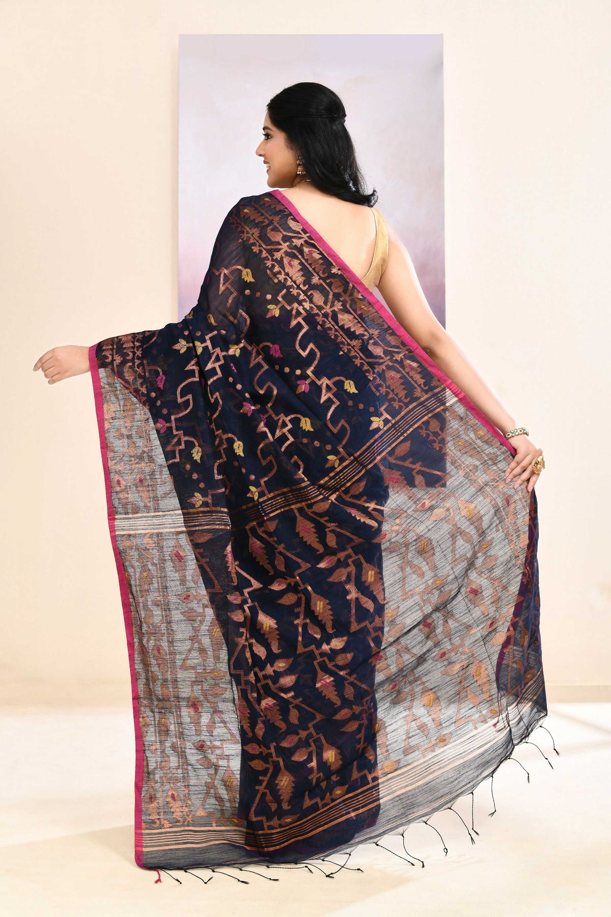 Navy Blue Embellished Jamdani Saree in Cotton Blend