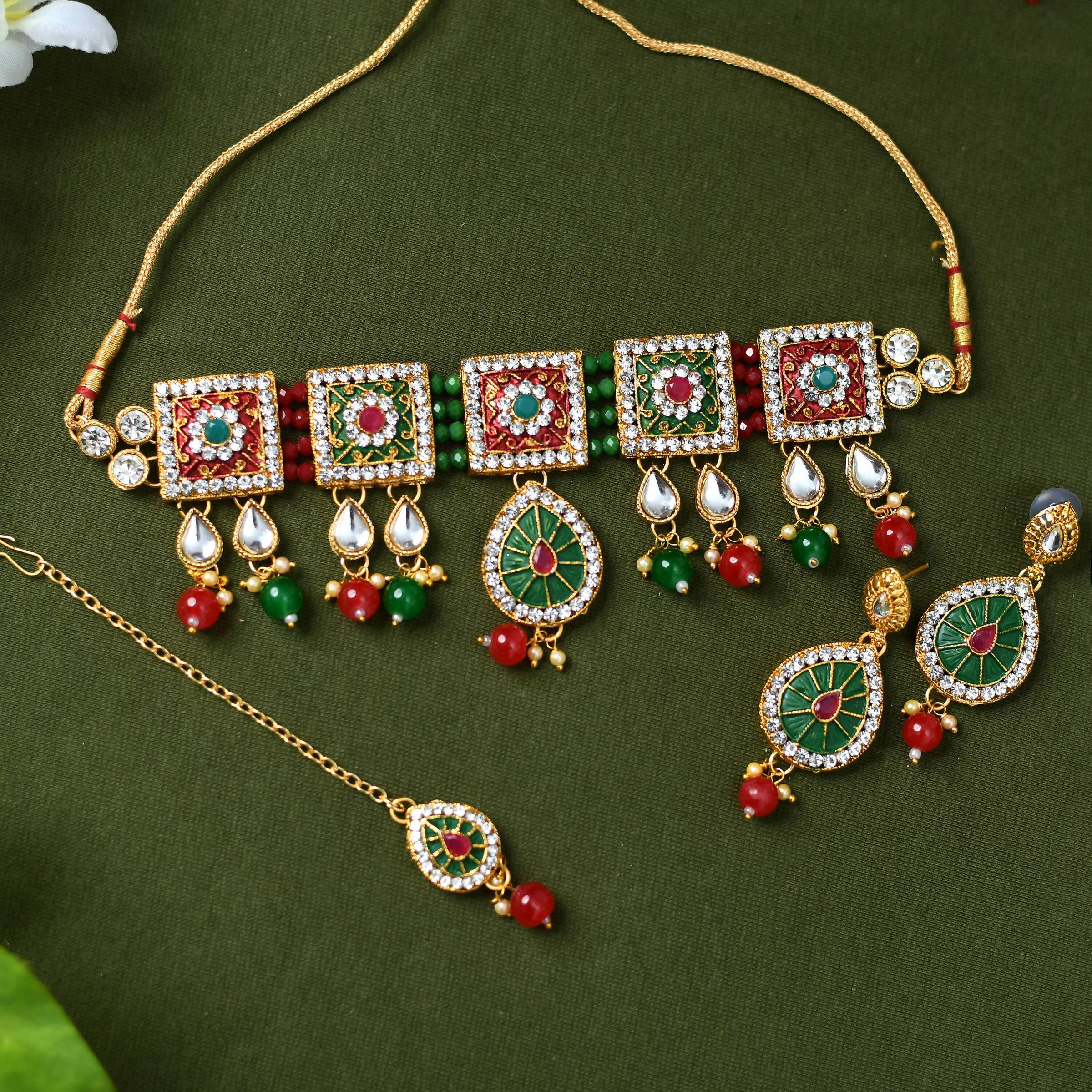 Gold-polished brass choker with Meena enamel work and pearl accents