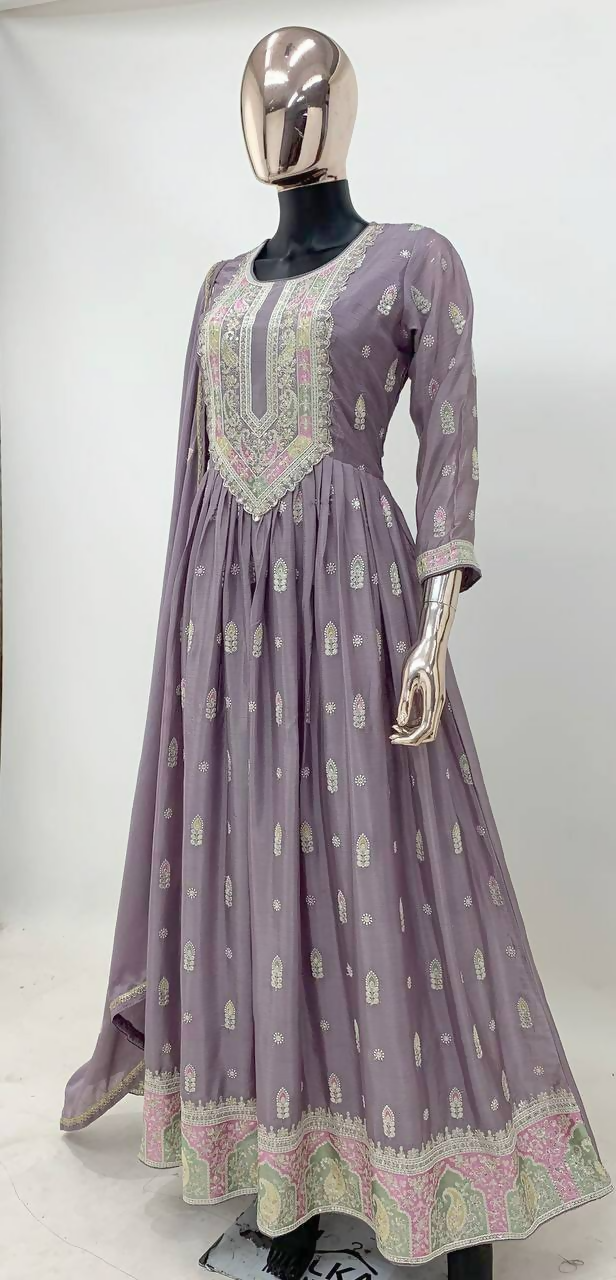 Lavender Chinon Embroidery Sequins Work Stitched Gown