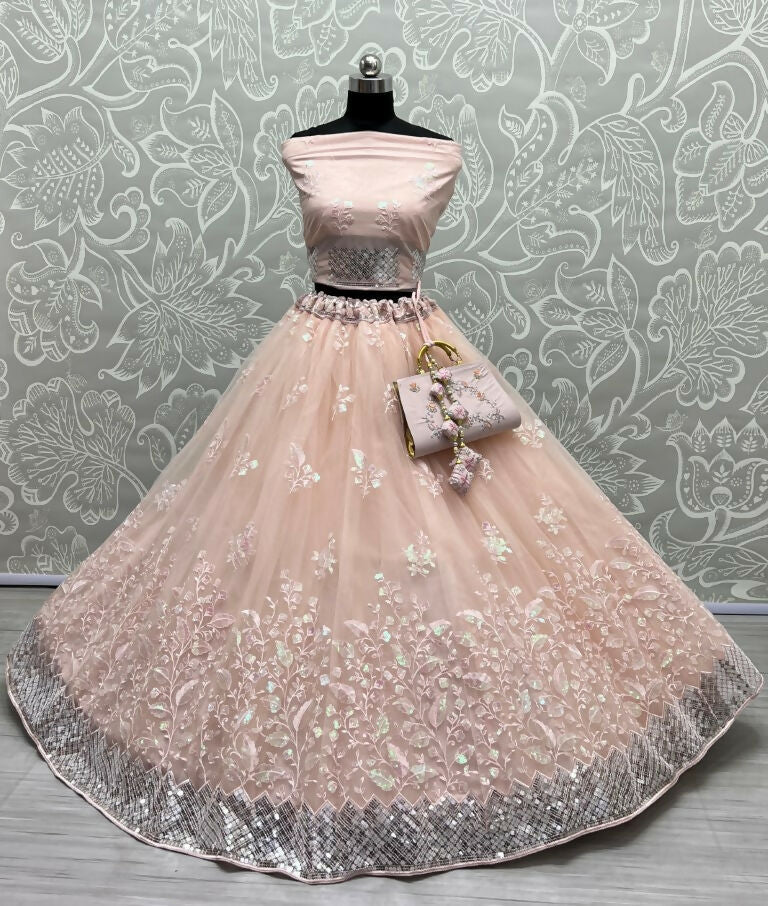 Peach Bridal Net Lehenga Choli with Sequins & Multi Thread Embroidery