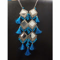 Long hanging blue silk thread earrings with triple mirror design and blue pearls