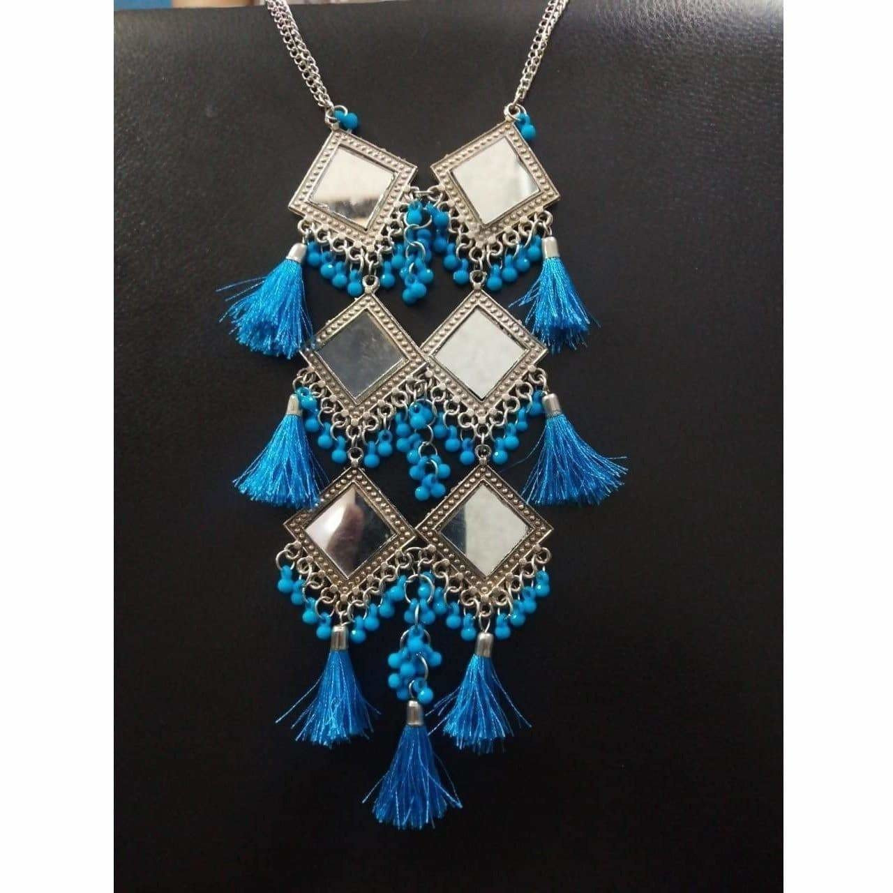 Long hanging blue silk thread earrings with triple mirror design and blue pearls