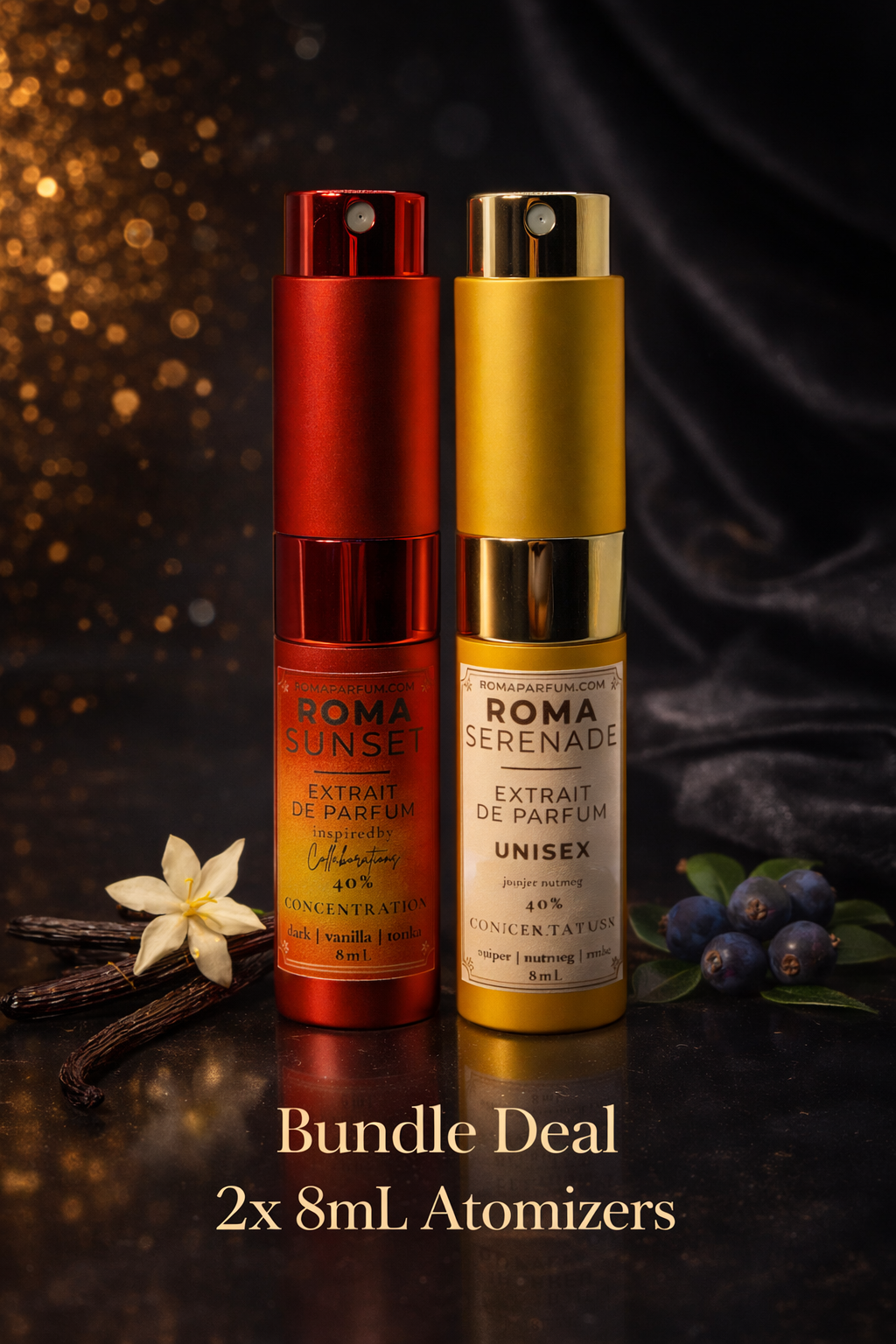 Roma Serenade and Roma Sunset 8mL extrait de parfum atomizers in metallic red and gold packaging.