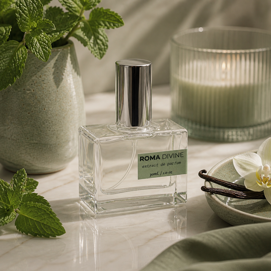 Roma Divine 30mL Extrait de Parfum in a clear glass bottle with silver accents.