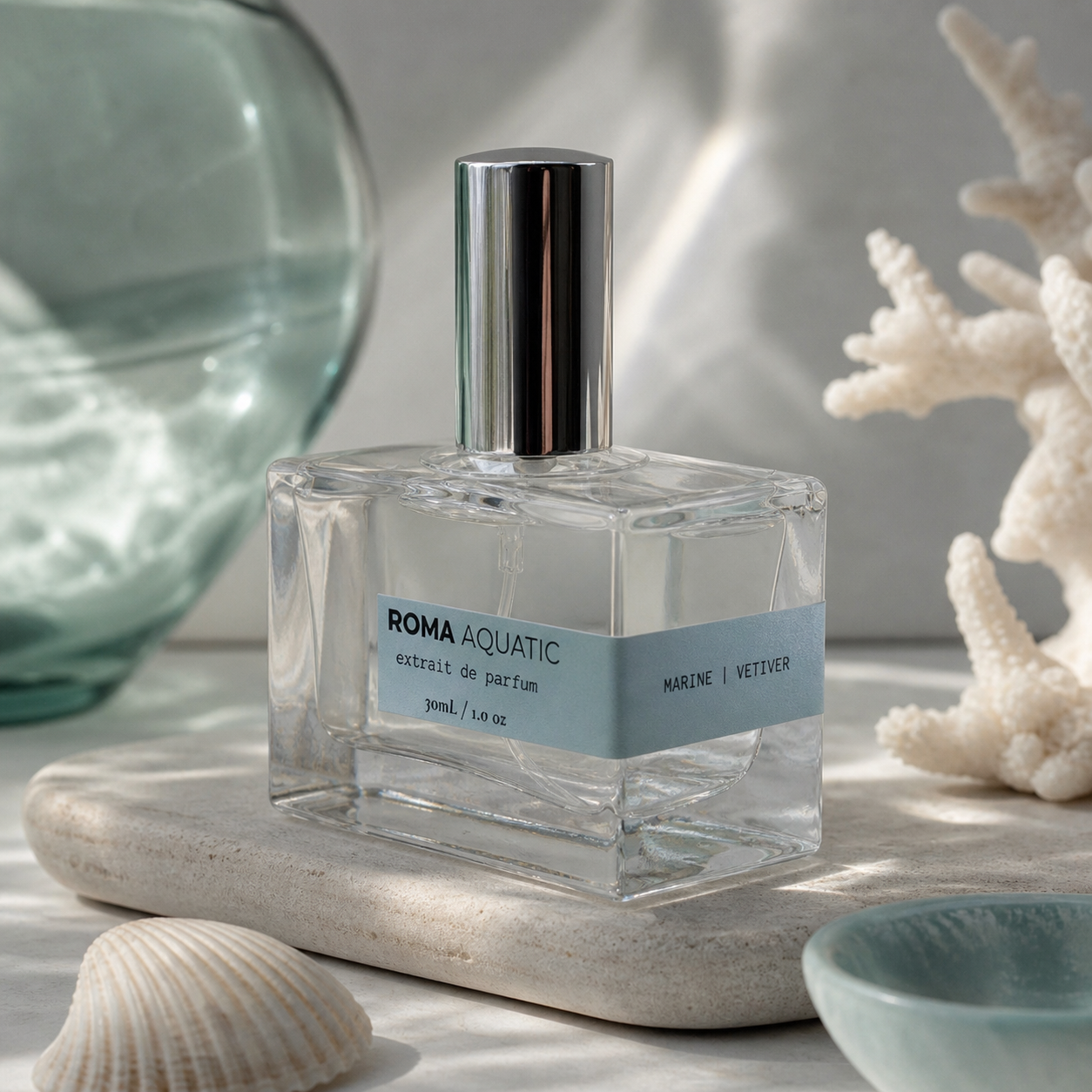 Roma Aquatic 30mL extrait de parfum in a minimalist glass bottle with blue label and silver accents.
