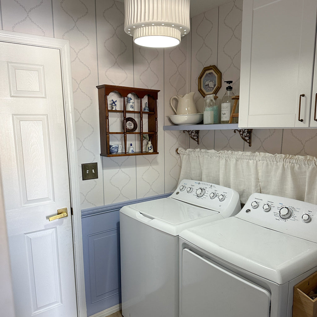 Maeve geometric pattern wallpaper in cream and grey-blue for traditional home decor