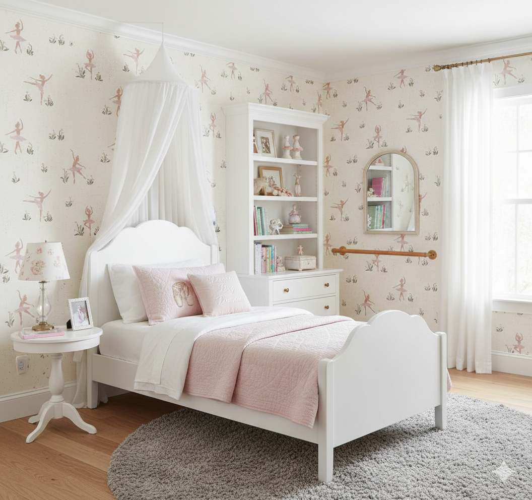 Allegra Whimsical Wallpaper - Cream, Dusty-Rose, and Sage-Green