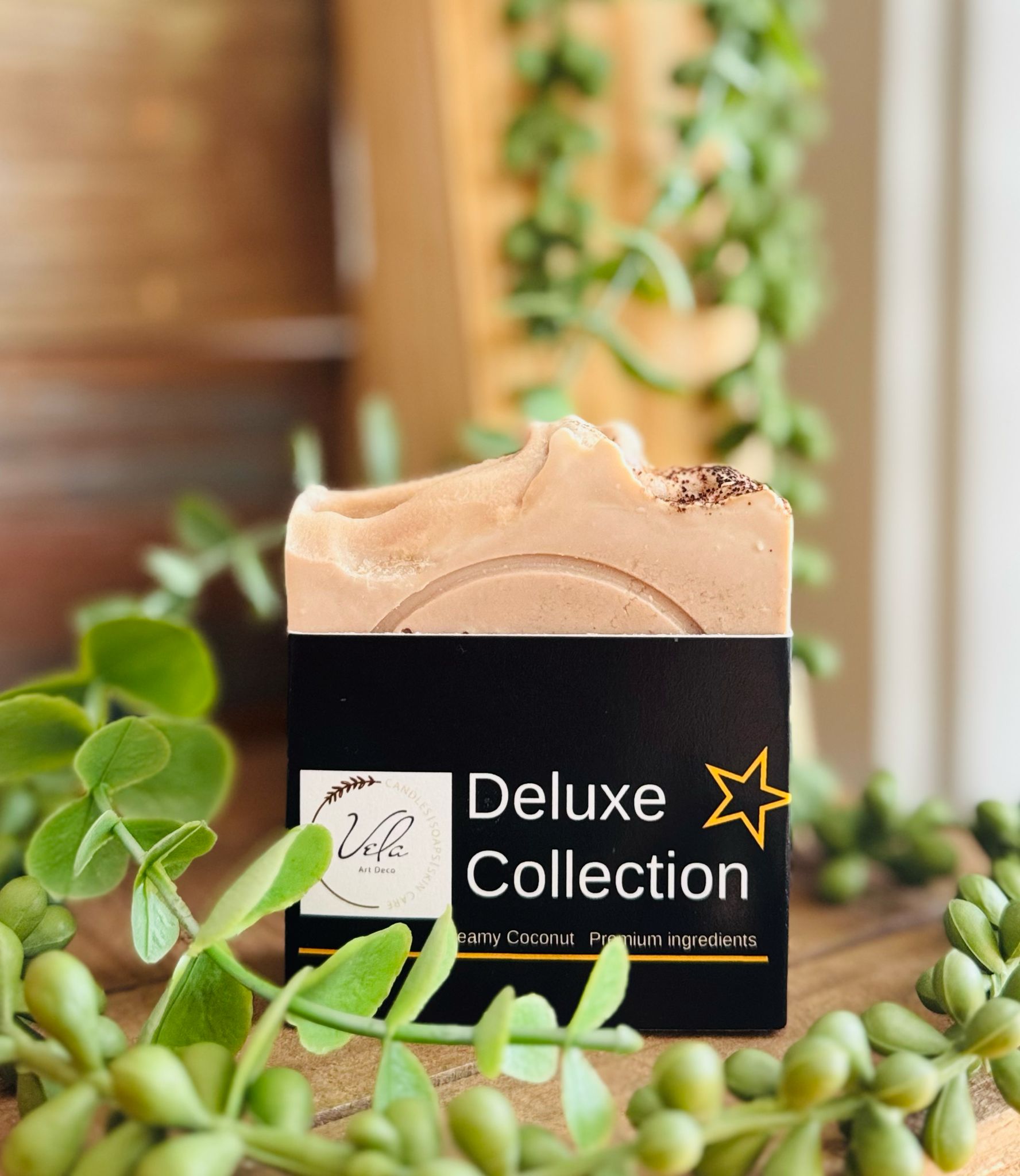 Minimalist neutral beige bar soap with high-contrast black and orange label for modern bathroom decor