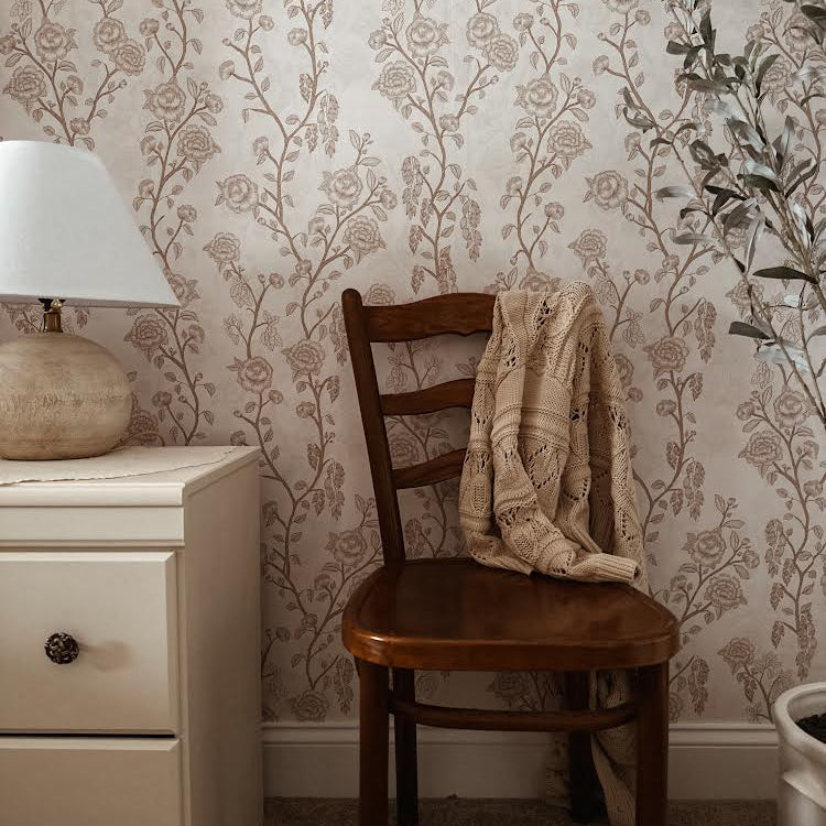 Marina floral wallpaper in sage-green and blush-pink for a romantic cottagecore aesthetic.