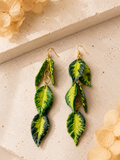 Handcrafted Hoya Polyneura polymer clay dangle earrings in green and yellow with gold accents