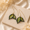 Hoya Polyneura threader earrings with green and yellow polymer clay leaves and gold metal