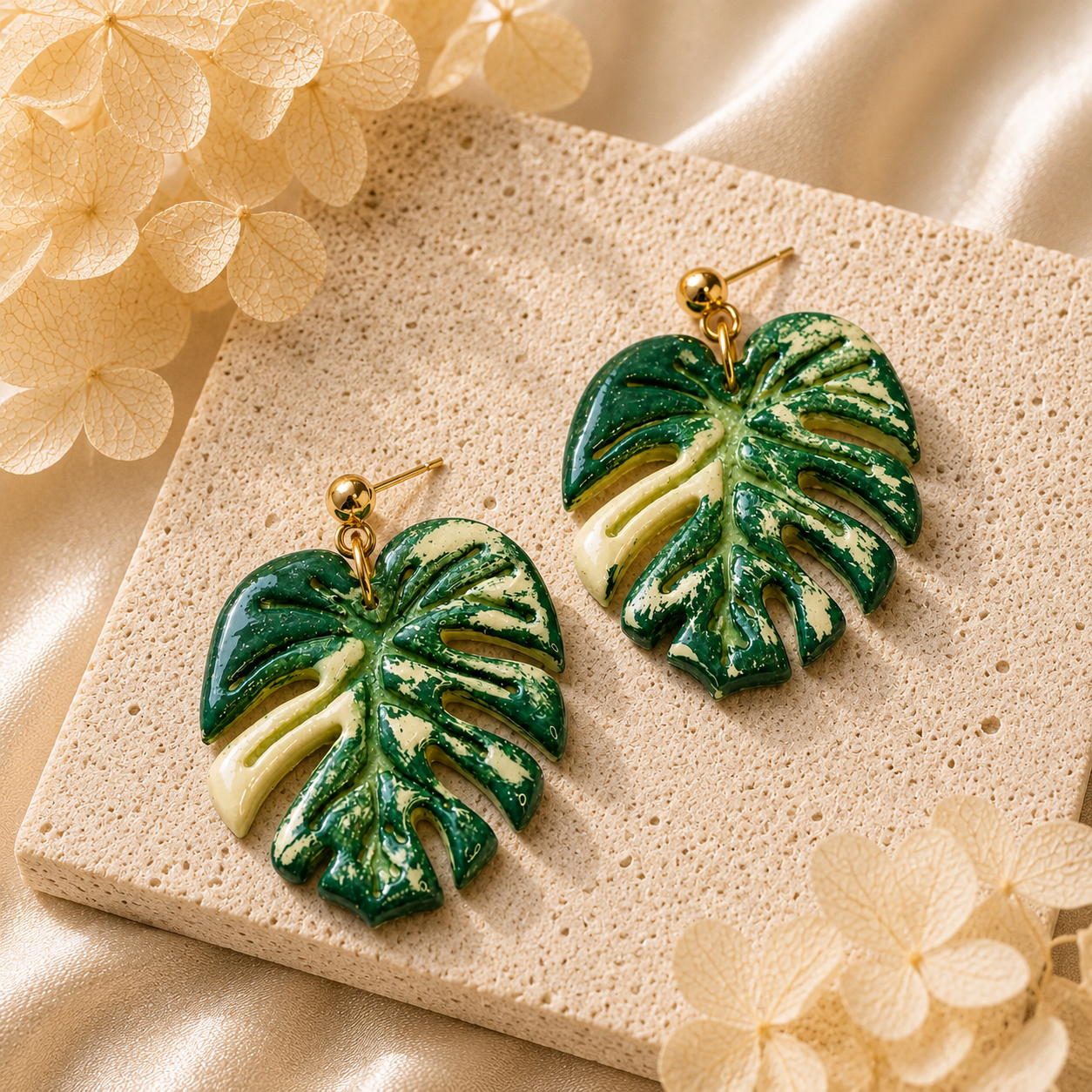 Thai Constellation Monstera earrings with cream and green leaf pattern and gold accents.