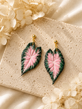 Pink Caladium heart-shaped leaf earrings featuring delicate hand-painted veins.