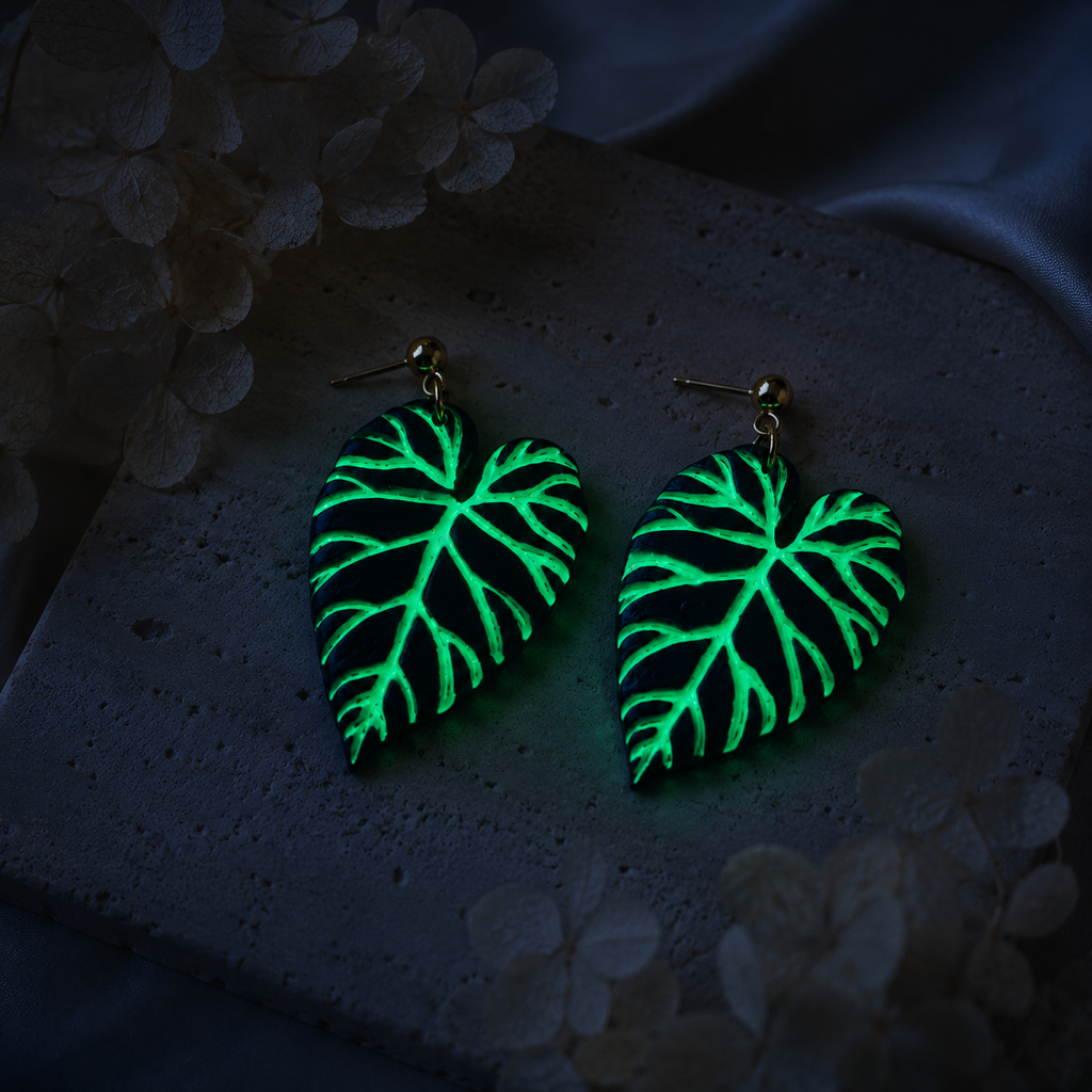 Philodendron Verrucosum Glow in the Dark Earrings, Green and Gold