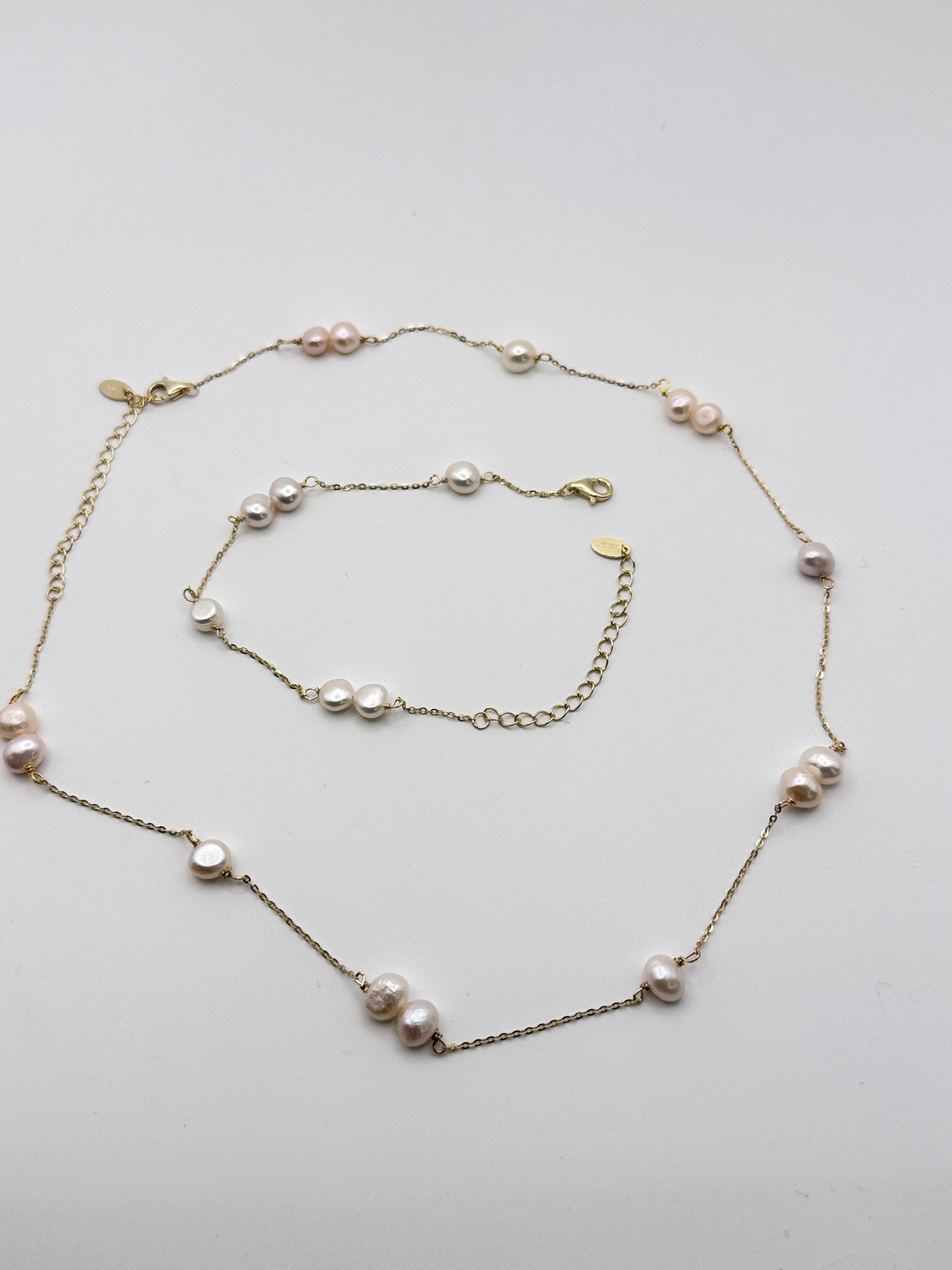 Luxe Pearl Station Necklace & Bracelet Jewelry Set - 925 Sterling Silver 14K Gold Plated
