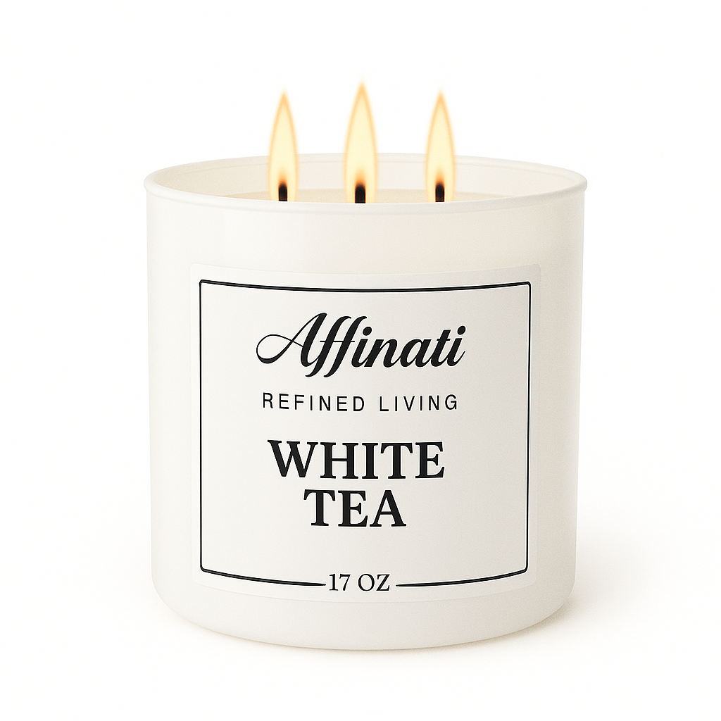 A white 3-wick candle by Affinati labeled White Tea, sitting next to cinnamon sticks and tea leaves.