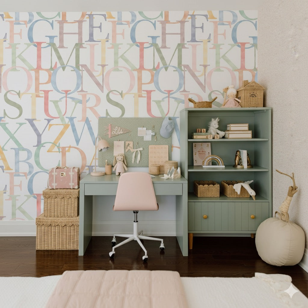 Coy educational style wallpaper in white and dark-blue for a nursery.