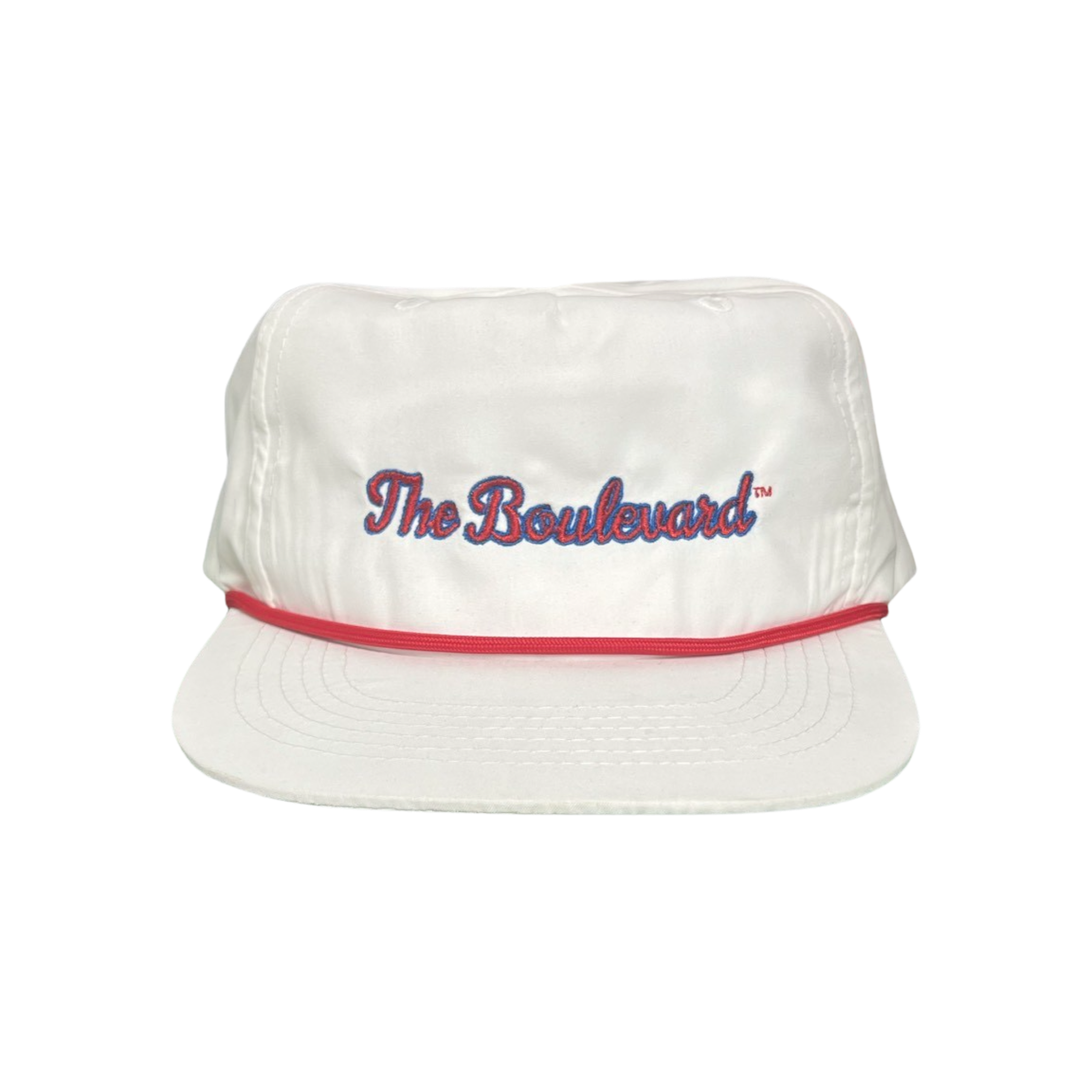 SMU The Boulevard white cap with red rope accent and embroidery