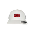 806 area code embroidered Yupoong snapback hat in white and red
