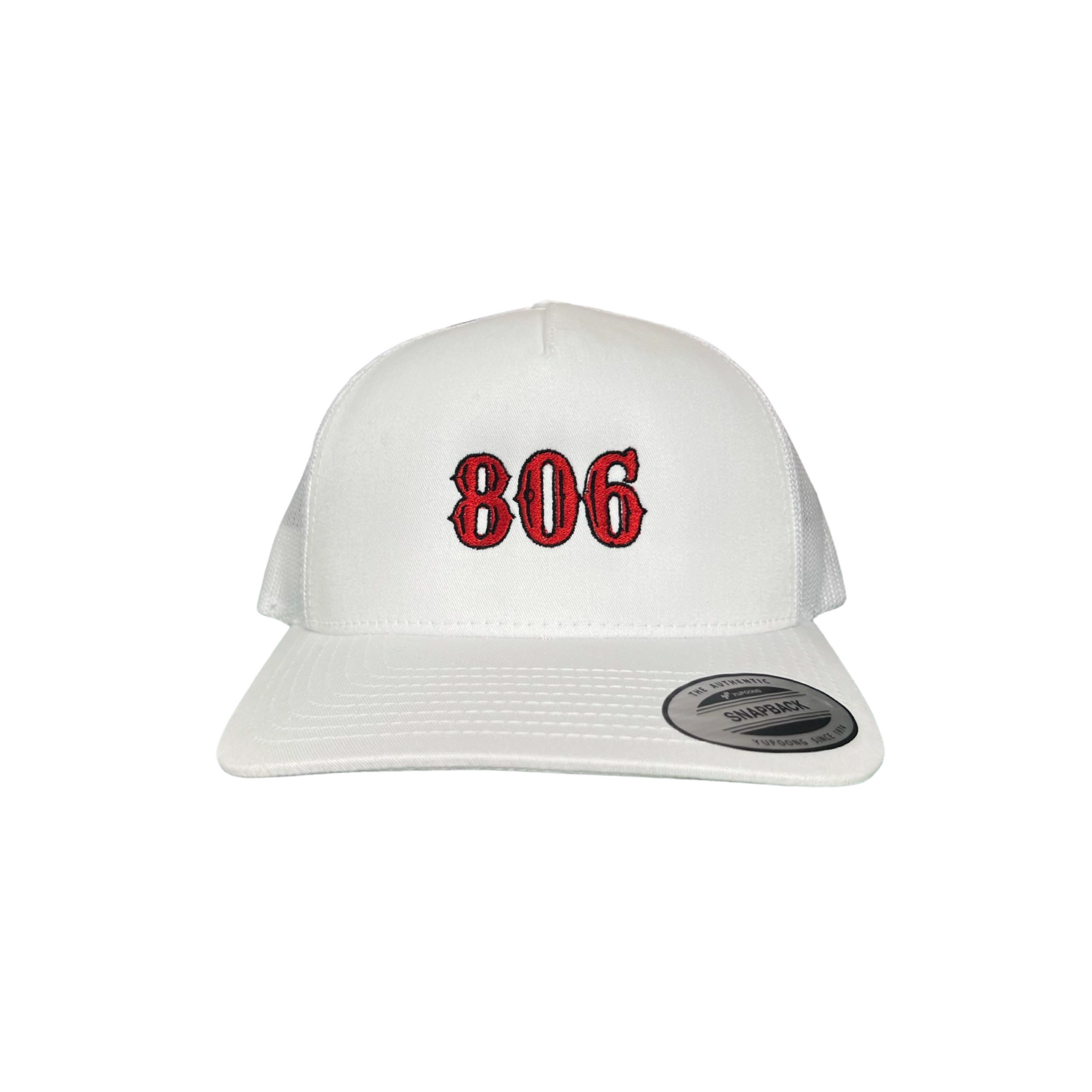 806 area code embroidered Yupoong snapback hat in white and red