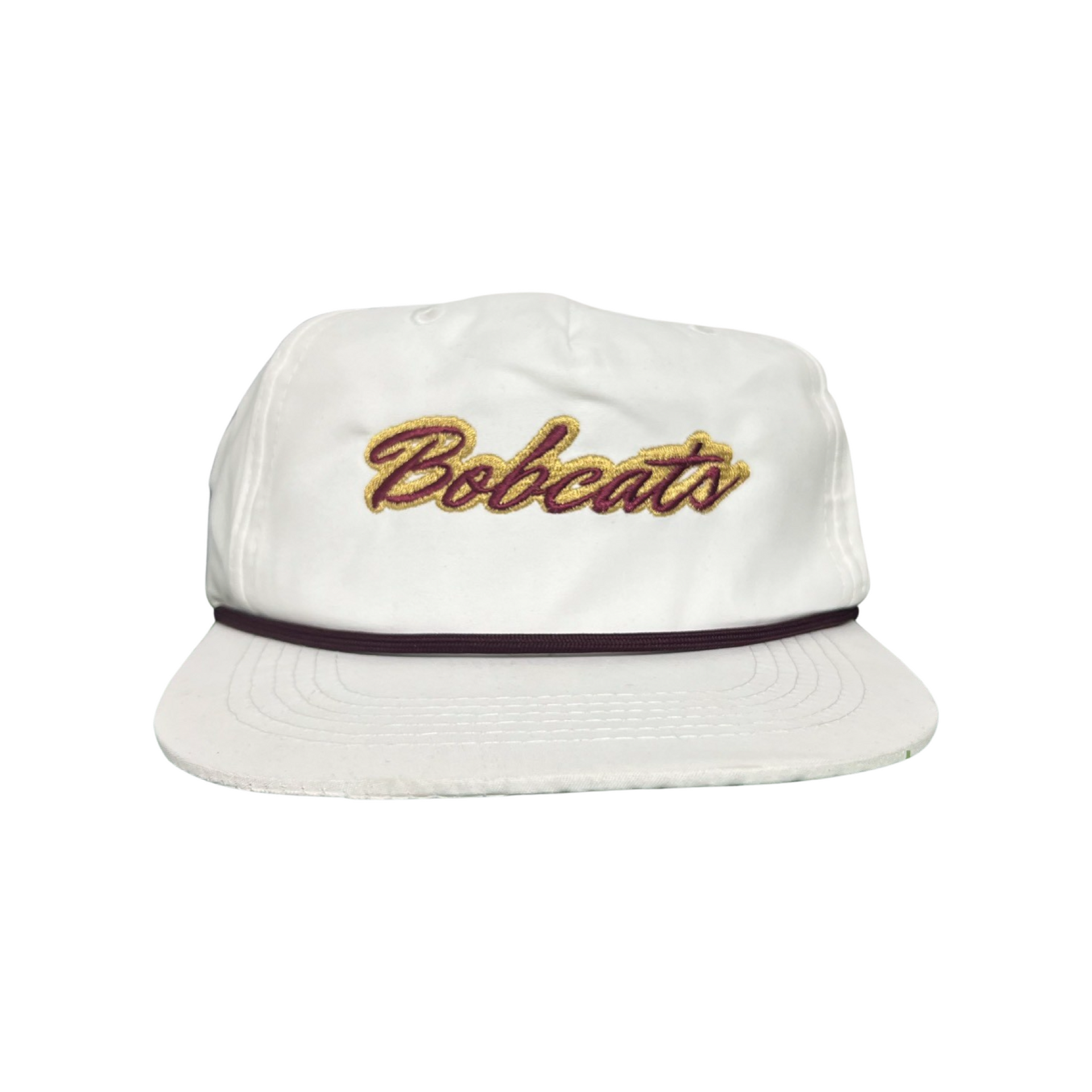Texas State Bobcats embroidered script rope hat in white, maroon, and gold colorway.