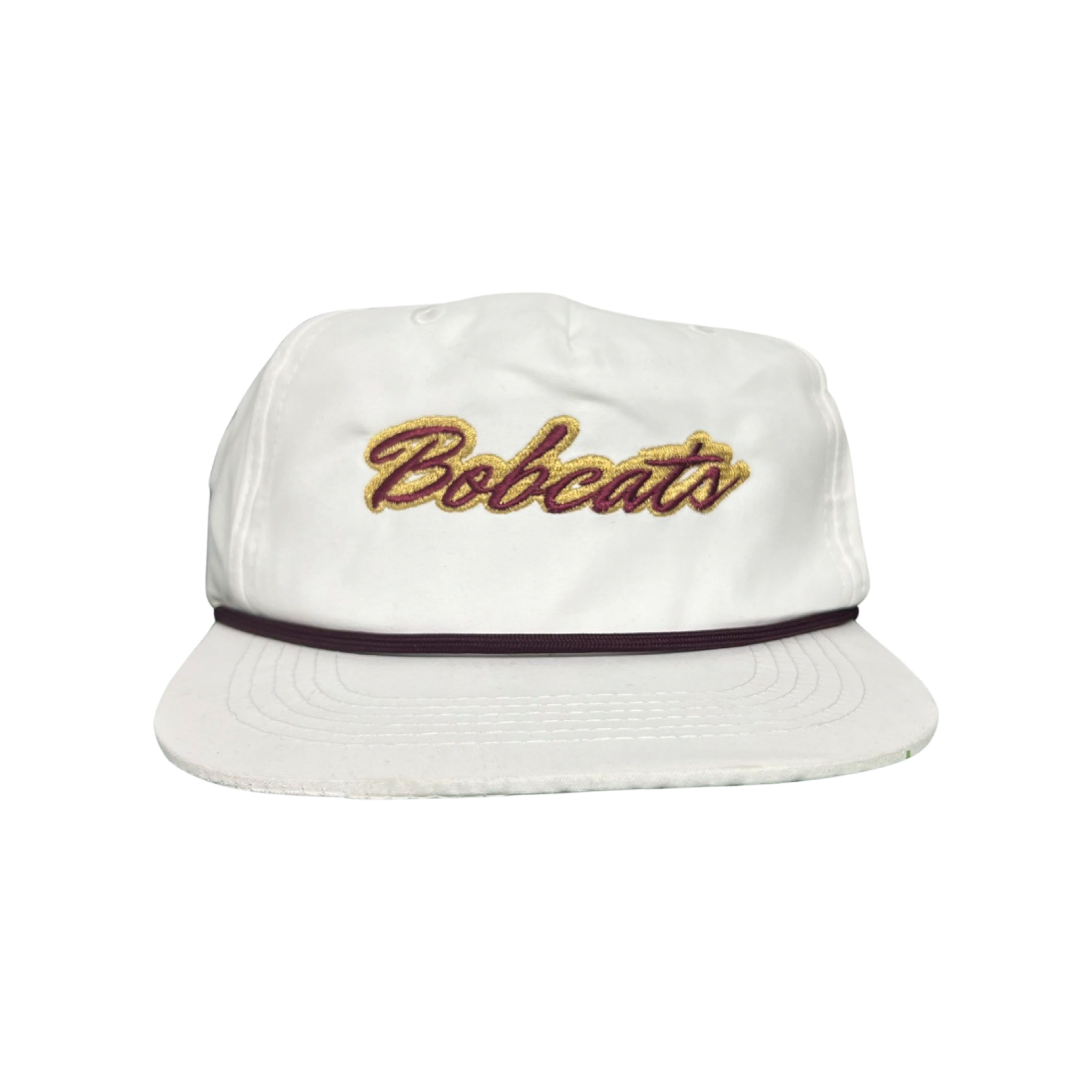 Texas State Bobcats embroidered script rope hat in white, maroon, and gold colorway.
