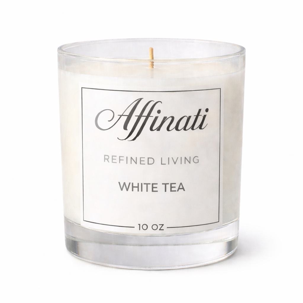 White Tea Original Candle in a clear glass jar by Affinati, 10 oz size.
