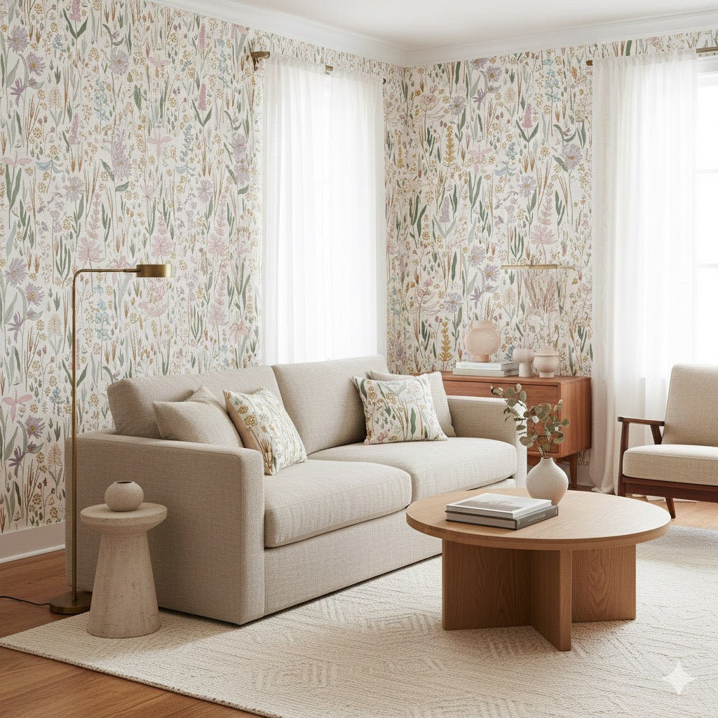 Rey bohemian floral wallpaper featuring muted-pink and sage-green tones