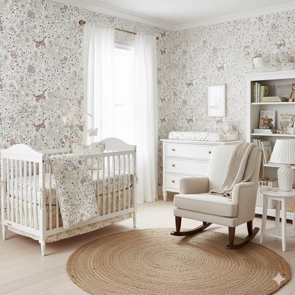 Julie bohemian floral wallpaper with dusty pink and pale blue accents