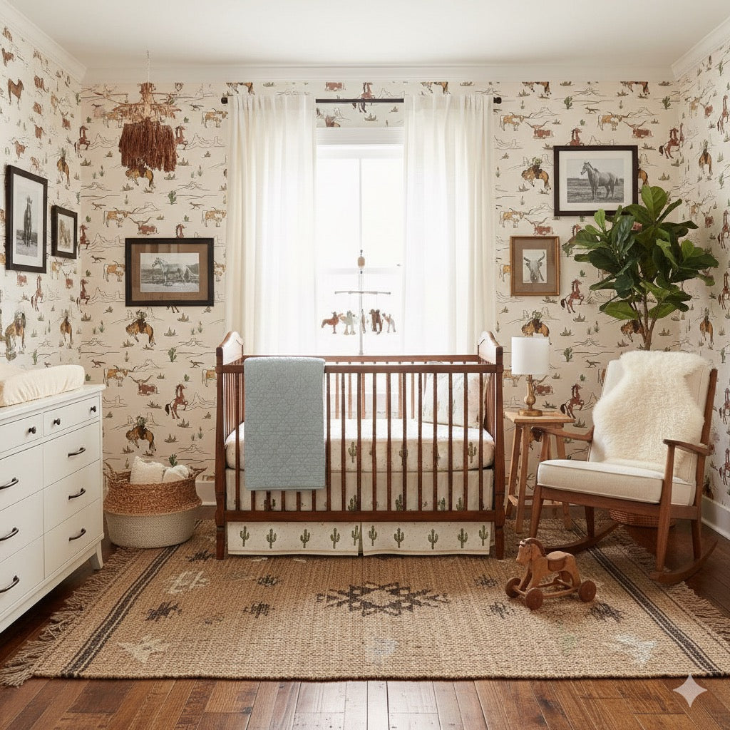 Bronc wallpaper featuring western rustic patterns in shades of beige, brown, and green.