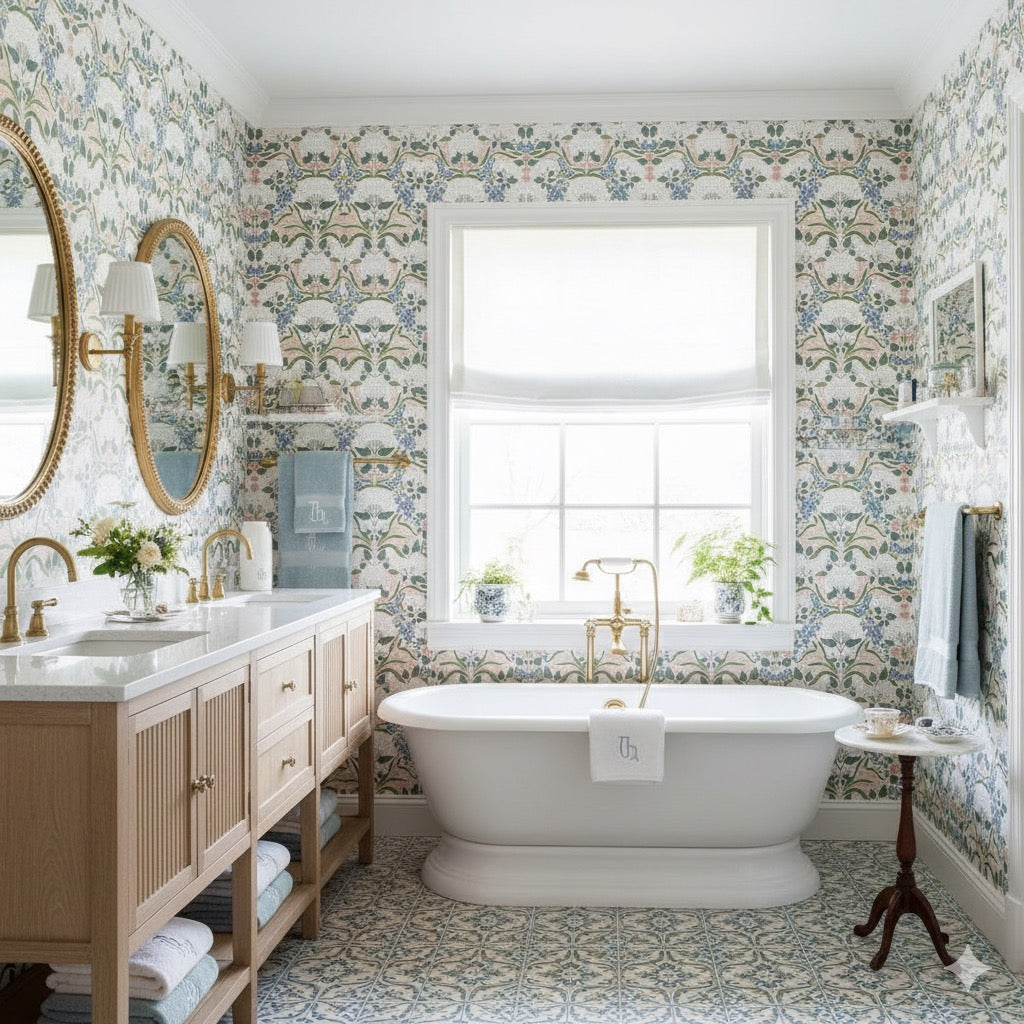 Catherine floral wallpaper in white, blue, green, and pink, perfect for a cottagecore aesthetic.