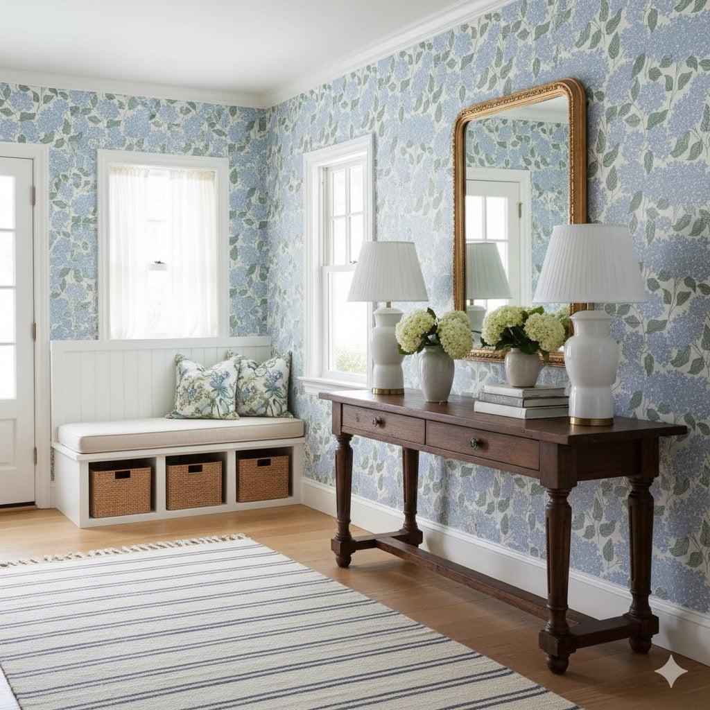 Lisette floral wallpaper featuring blue and green botanical patterns on an off-white background