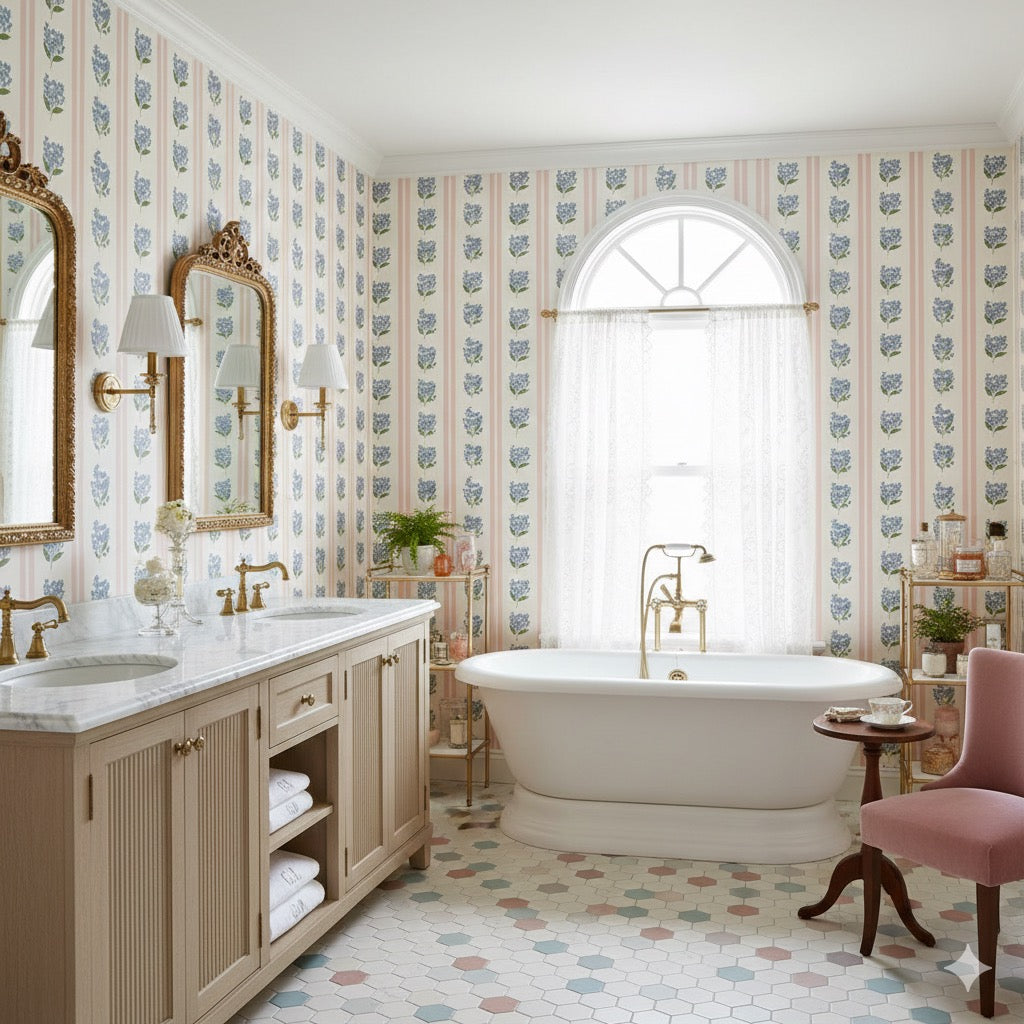 Annalise traditional floral wallpaper in pink, white, blue, and green tones.