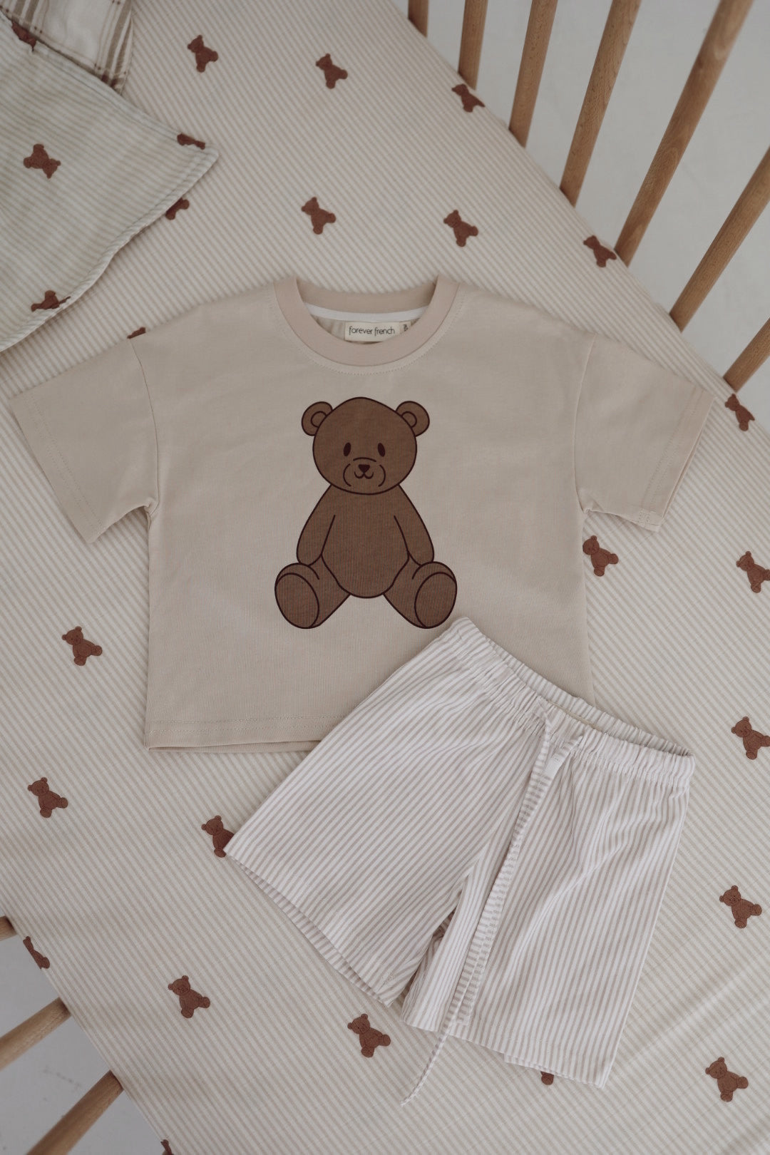 Kids Teddy Bear Graphic T-Shirt and Striped Shorts Set - Image 2