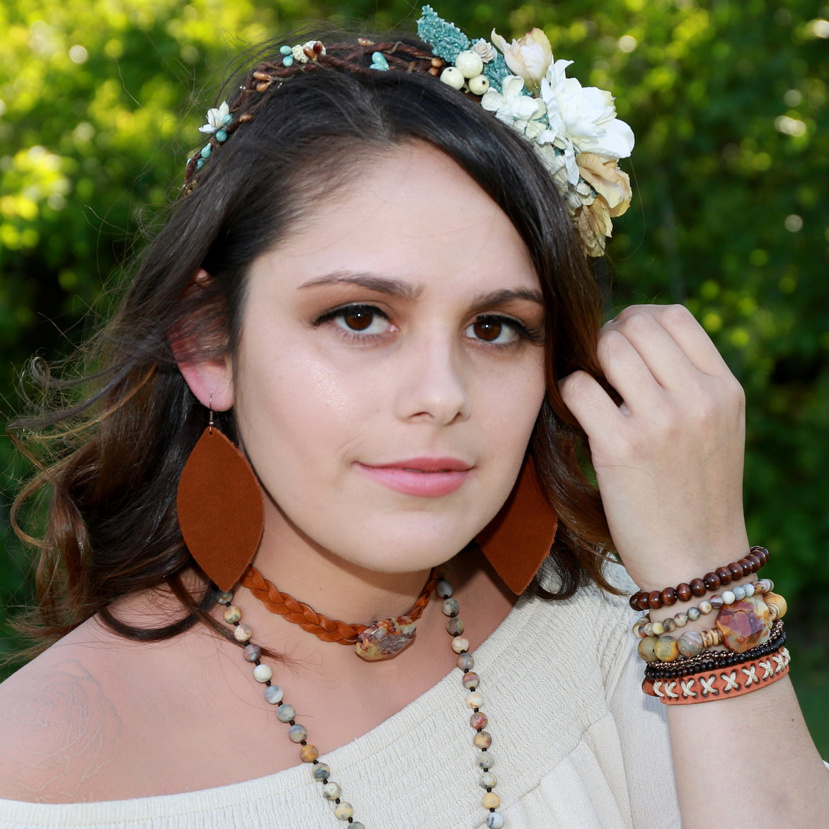 Wood Disc Beaded Stretch Bracelet