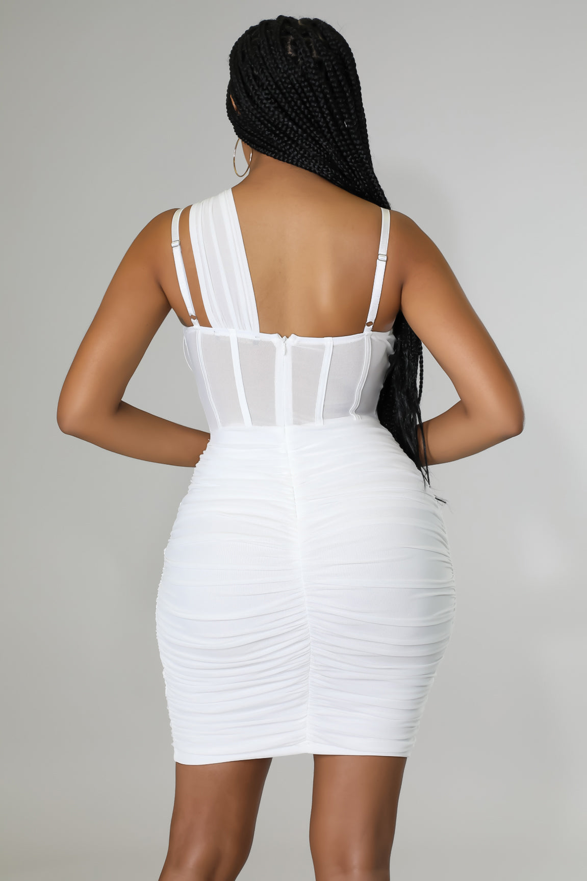 White One Shoulder Ruched Stretch Dress with Underwire Corset - Image 3