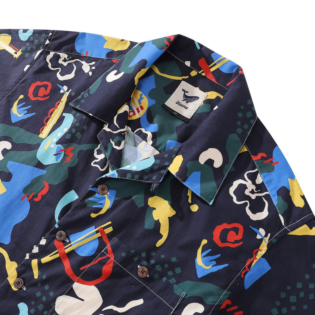 Men's Vintage Jazz Club Camp Collar Shirt - Abstract Cotton Print