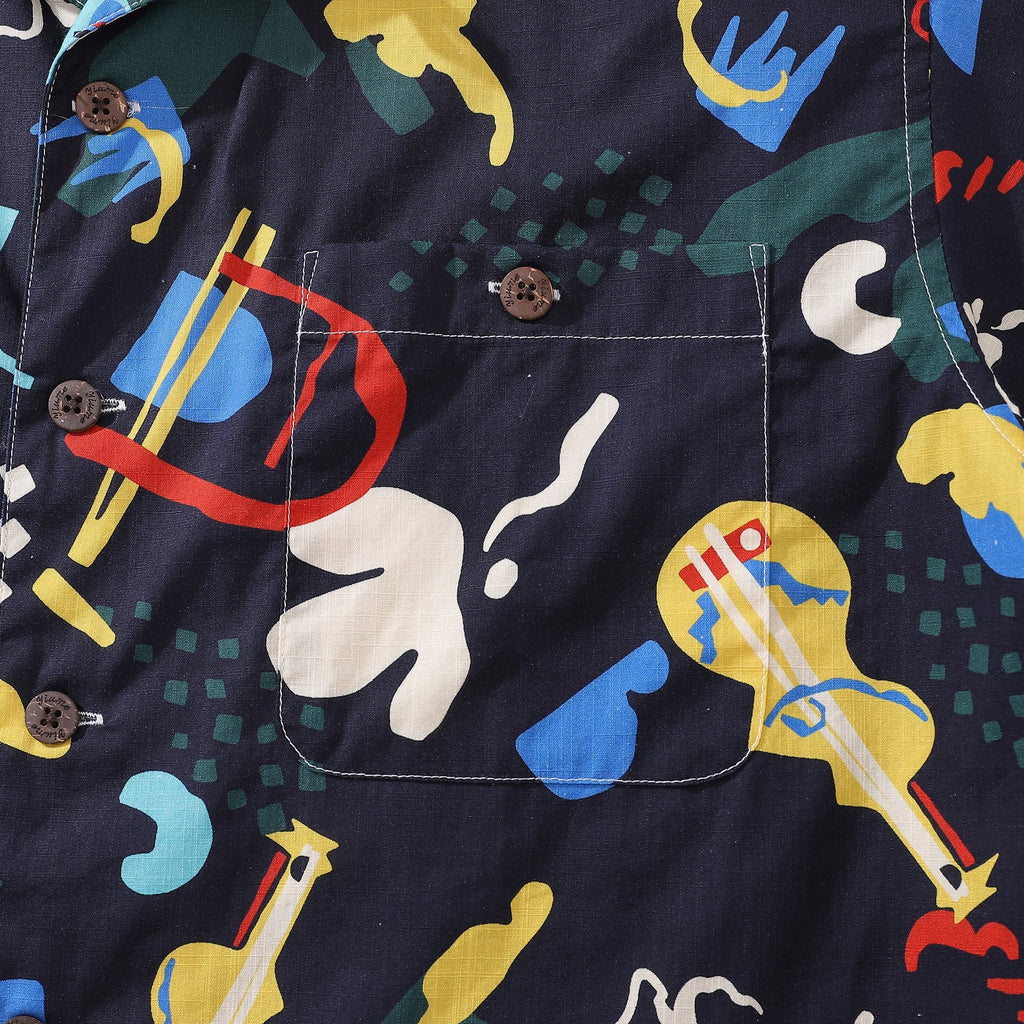 Men's Vintage Jazz Club Camp Collar Shirt - Abstract Cotton Print