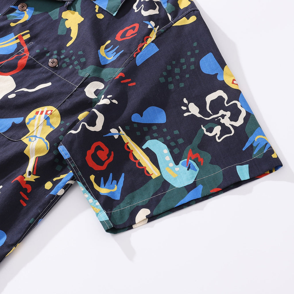 Men's Vintage Jazz Club Camp Collar Shirt - Abstract Cotton Print