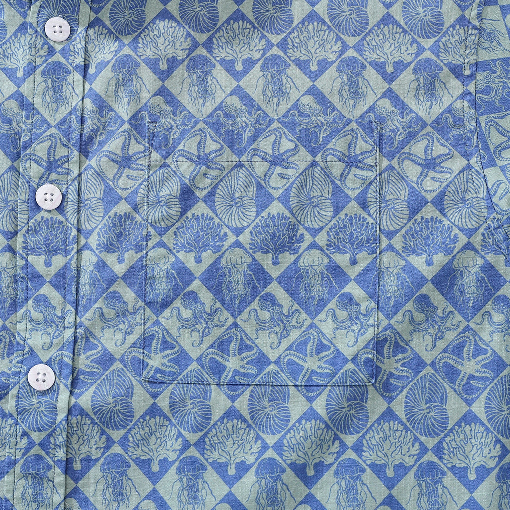 Blue Hand Painted Specimen Print 100% Cotton Button-Down Shirt